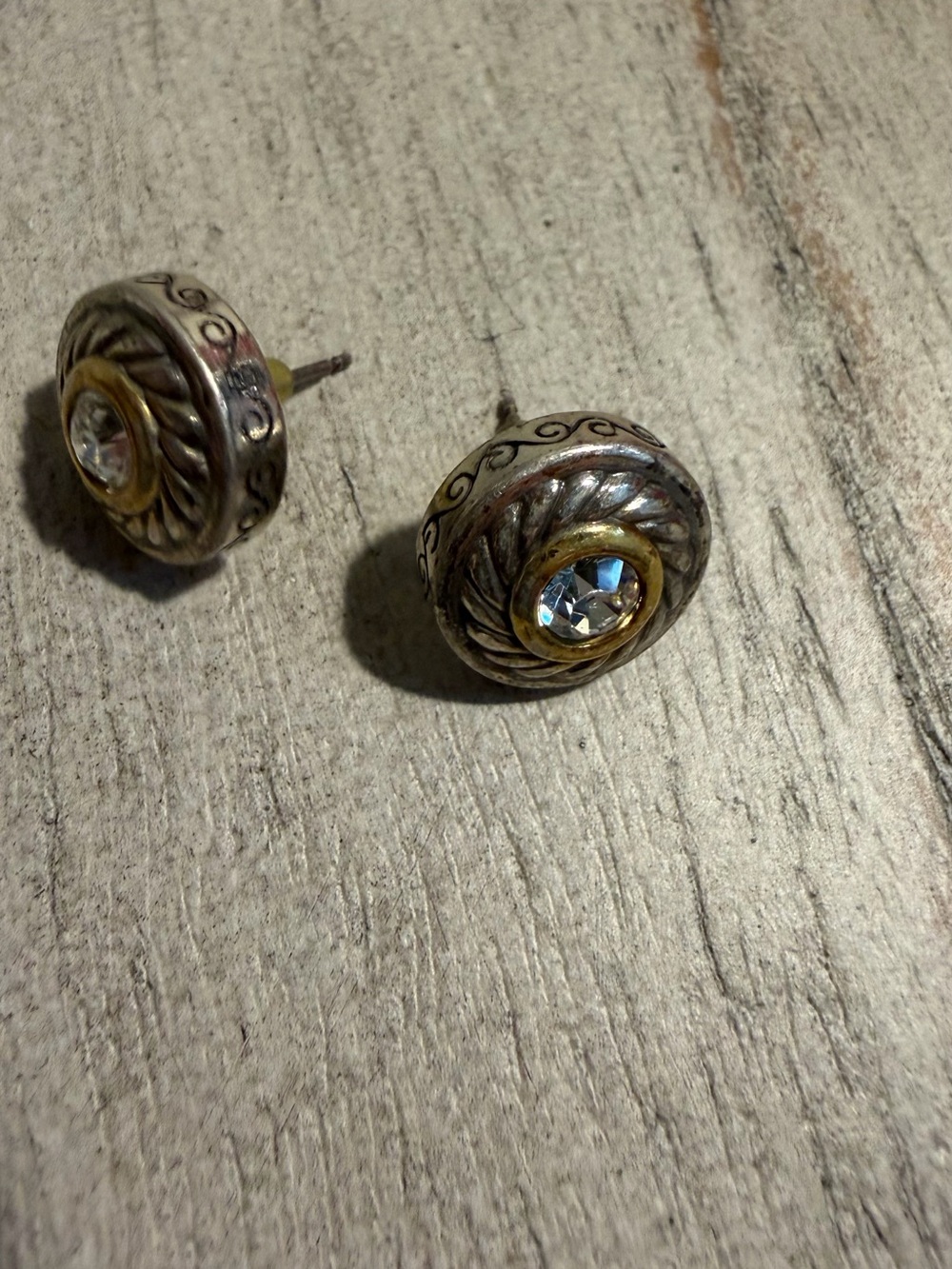 Brighton Two-Tone Silver and Gold Crystal Button Stud Earrings
